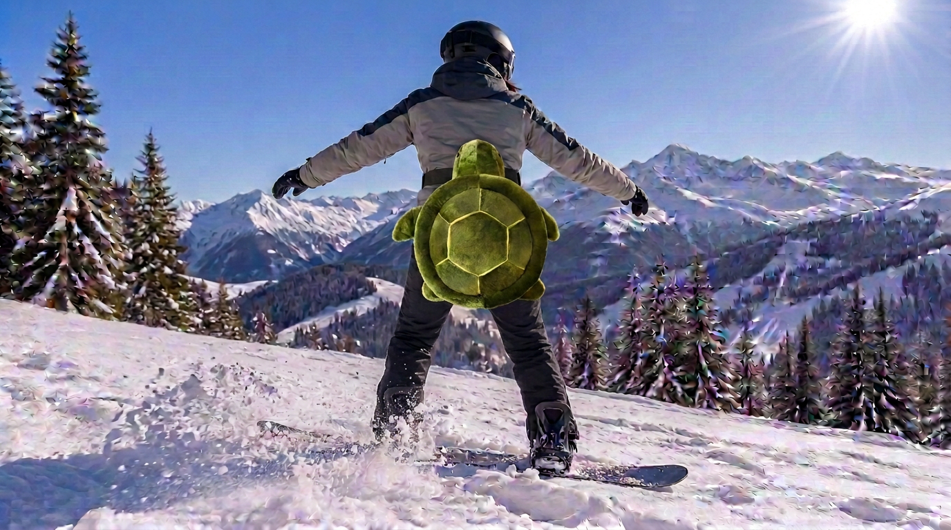 Snowboarder resting on a snowy mountain wearing a green turtle shell butt pad