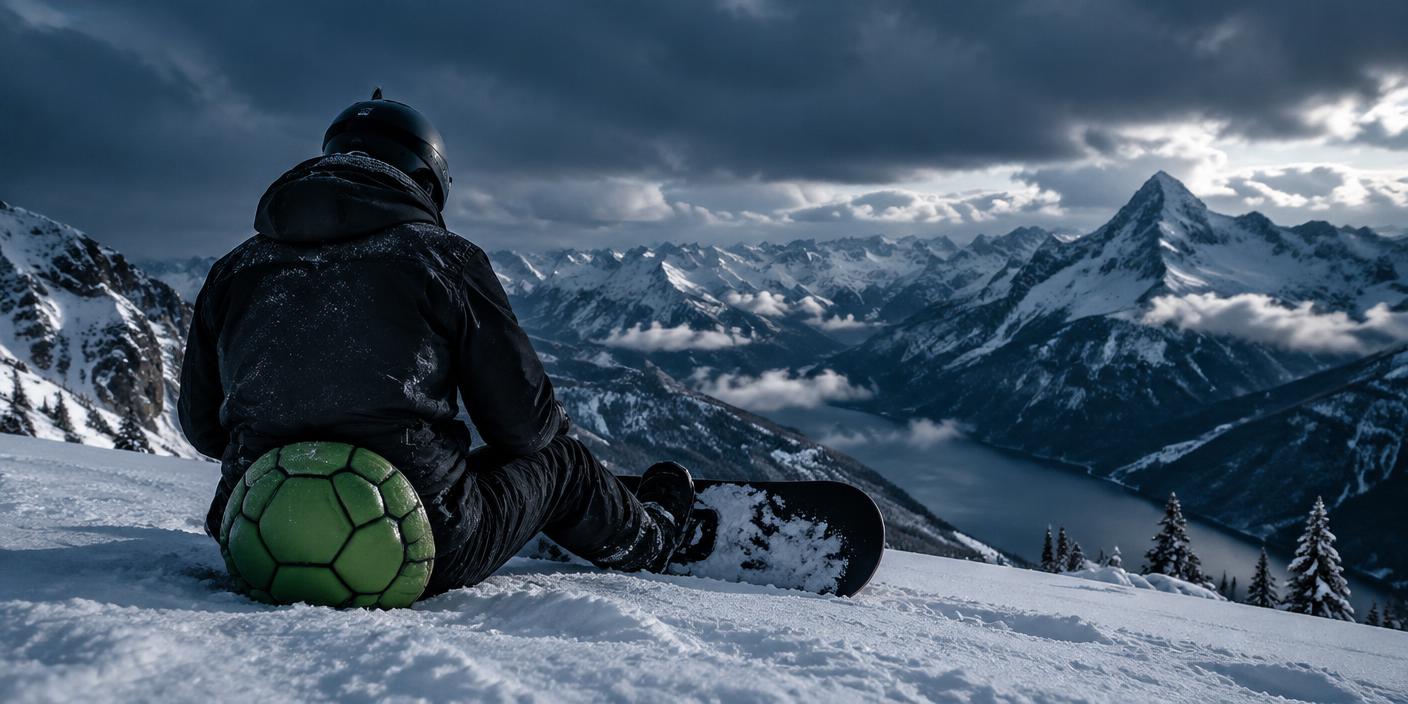 Snowboarder on a mountain ridge at dusk